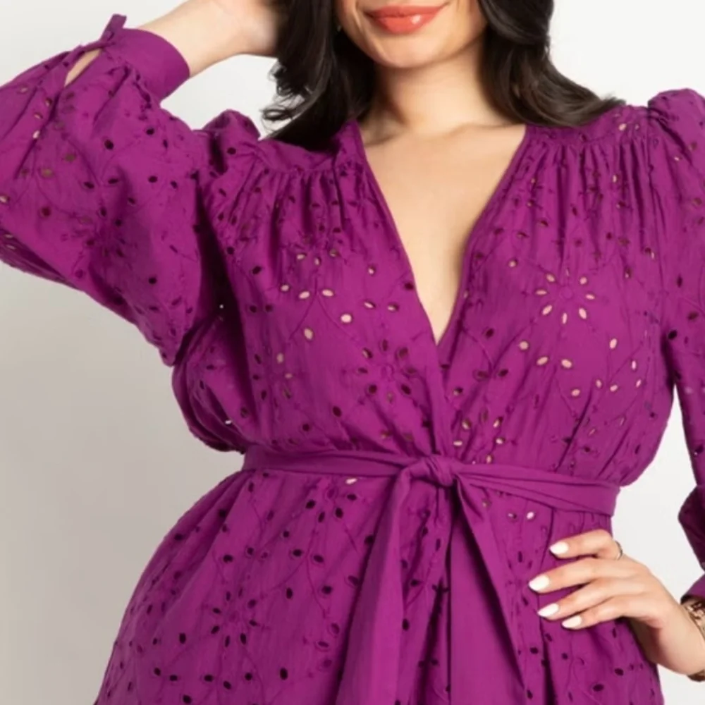 Vibrant Eyelet V-Neck Tie-Waist Dress - Picture 1 of 10